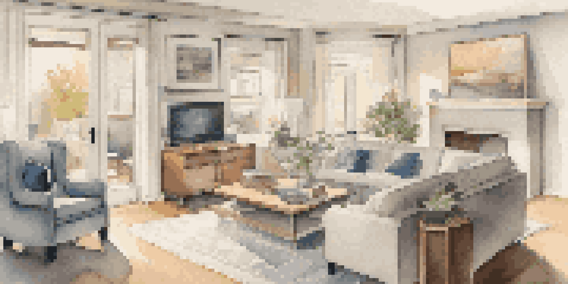 A cozy living room with visible home safety features such as security cameras, solid core doors, and warm lighting.