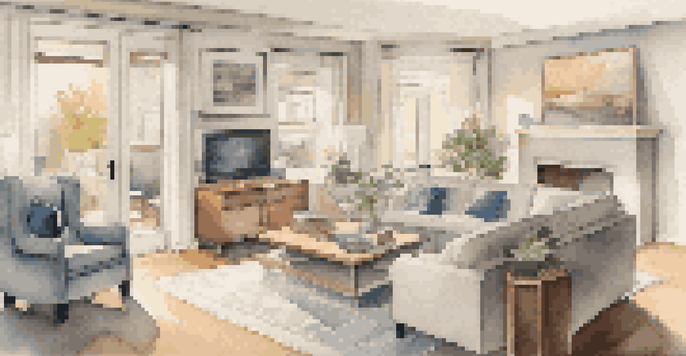 A cozy living room with visible home safety features such as security cameras, solid core doors, and warm lighting.