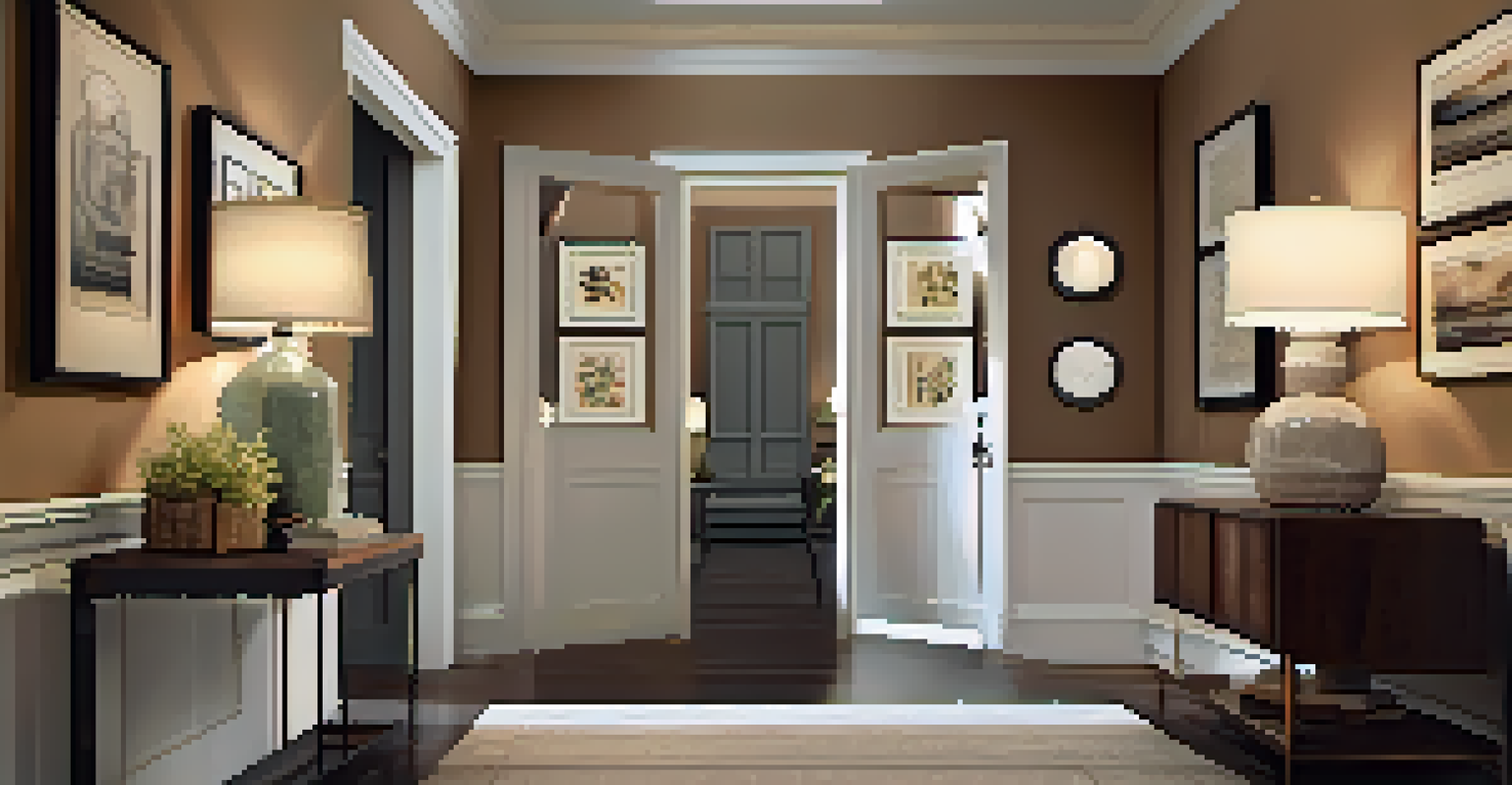 A cozy hallway with dimmable lighting, framed photographs, and a decorative console table.