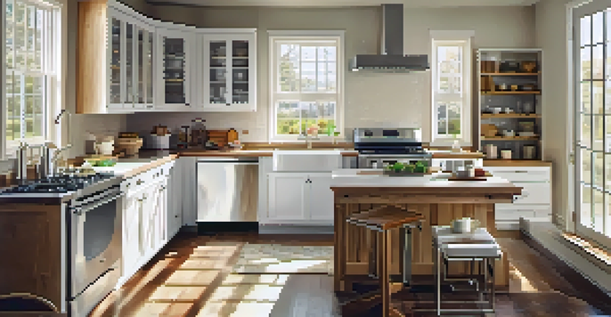 A clean and organized kitchen showcasing shiny stainless steel appliances, illuminated by natural sunlight.