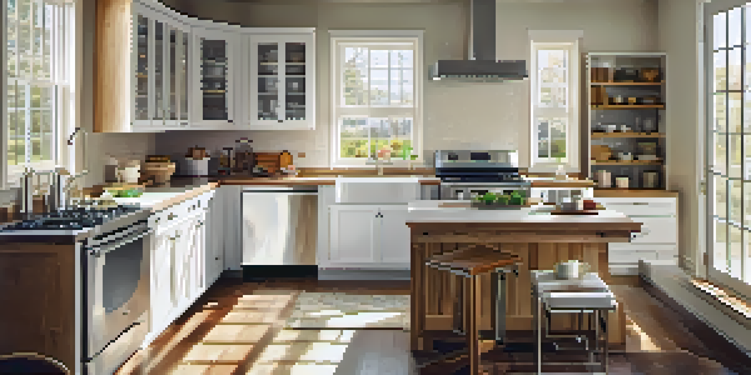 A clean and organized kitchen showcasing shiny stainless steel appliances, illuminated by natural sunlight.