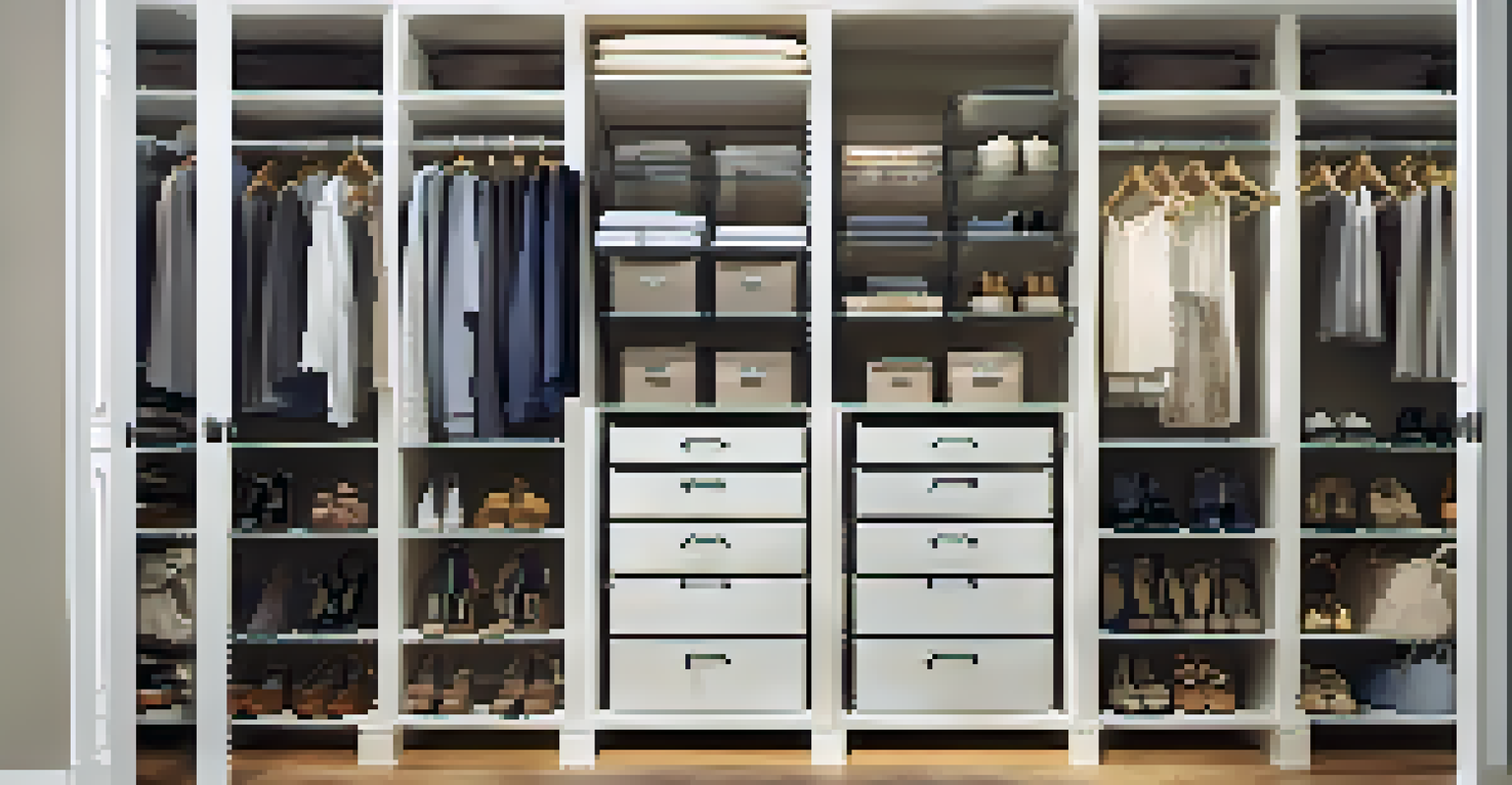 A well-organized closet showcasing slimline hangers and clear bins, demonstrating efficient storage solutions.