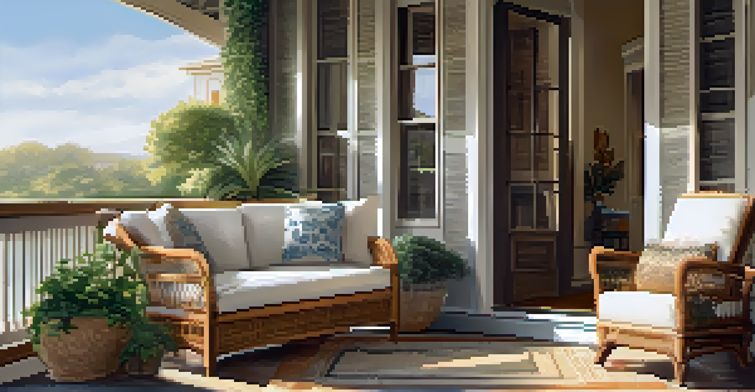 A porch with a cozy reading nook defined by a woven outdoor rug, surrounded by potted plants and a chair, illuminated by evening sunlight.