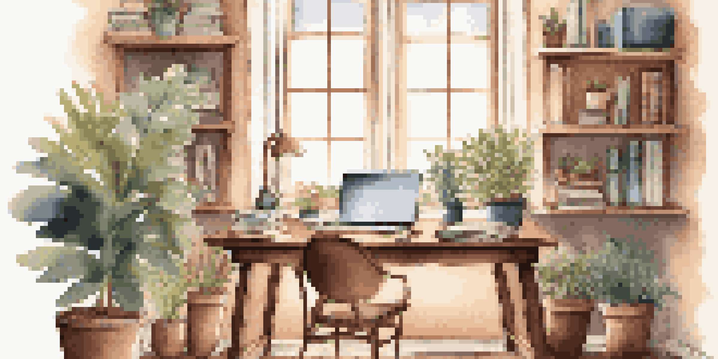A cozy home office with a wooden desk, laptop, potted plant, and books, bathed in warm natural light from a window.