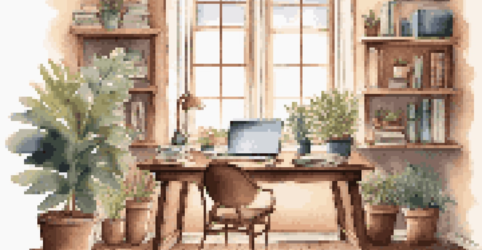 A cozy home office with a wooden desk, laptop, potted plant, and books, bathed in warm natural light from a window.