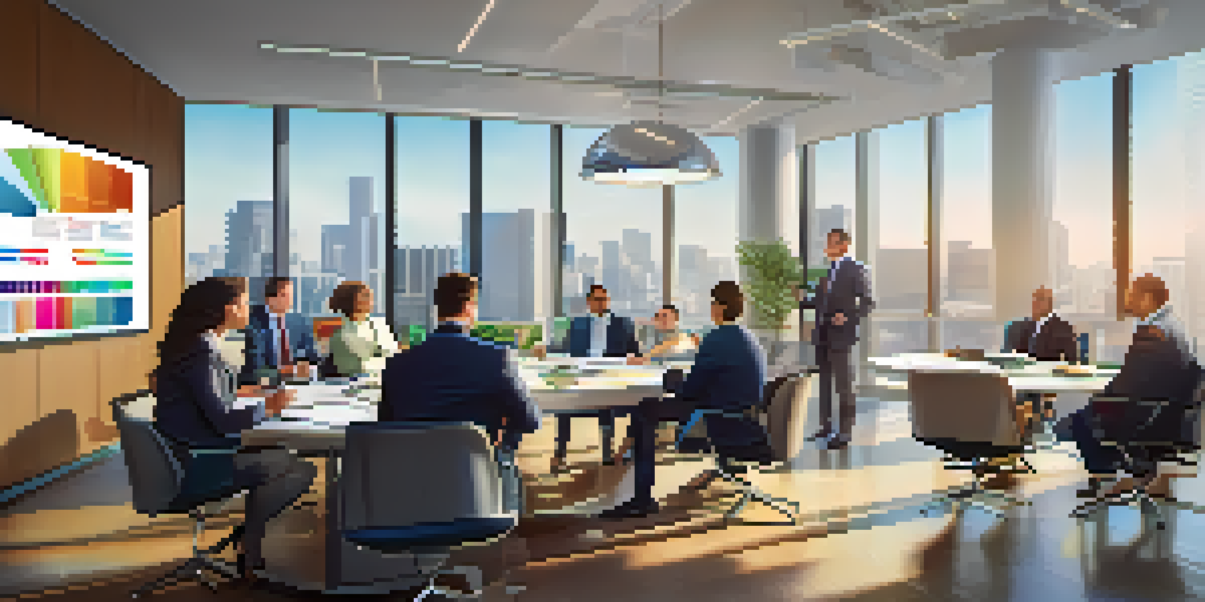 A diverse group of professionals in a bright office discussing real estate syndication with charts and documents on the table.