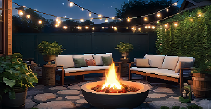 A cozy outdoor fire pit area with friends and family gathering around the warm glow of the fire, surrounded by greenery and string lights.