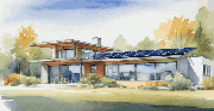 A modern home with large energy-efficient windows, a reflective metal roof, and solar panels under a clear blue sky.