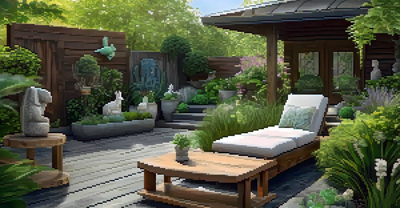 A cozy garden nook with seating and sculptures made from reclaimed materials, surrounded by greenery.