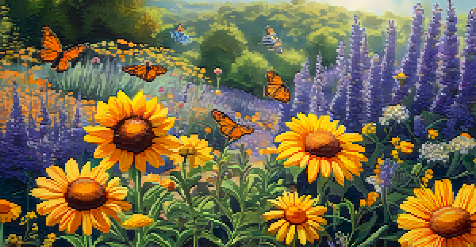 A close-up of a flower bed with bees pollinating various colorful flowers, showcasing biodiversity.