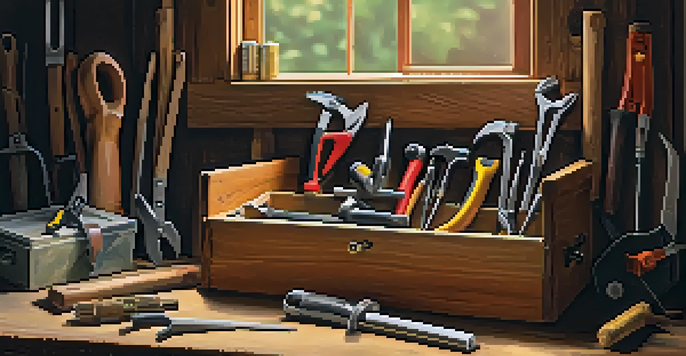 A neatly arranged toolbox displaying various hand tools including hammers and screwdrivers on a wooden workbench, with warm natural light illuminating the scene.