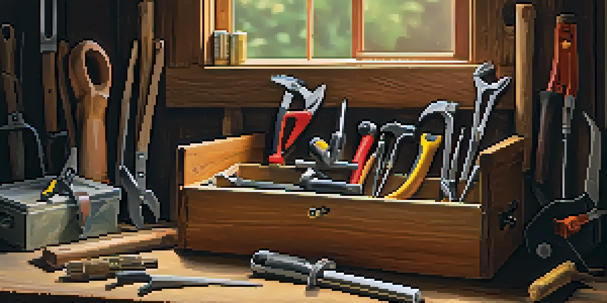 A neatly arranged toolbox displaying various hand tools including hammers and screwdrivers on a wooden workbench, with warm natural light illuminating the scene.