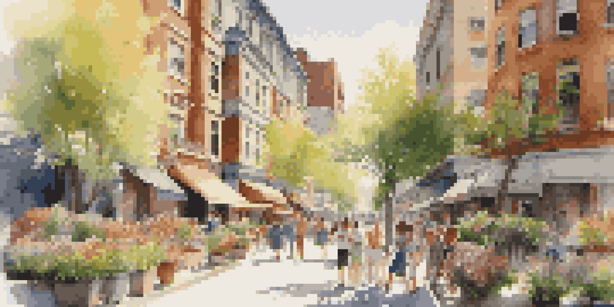 A lively urban street scene in spring with various residential buildings, people enjoying the weather, and blooming flowers.