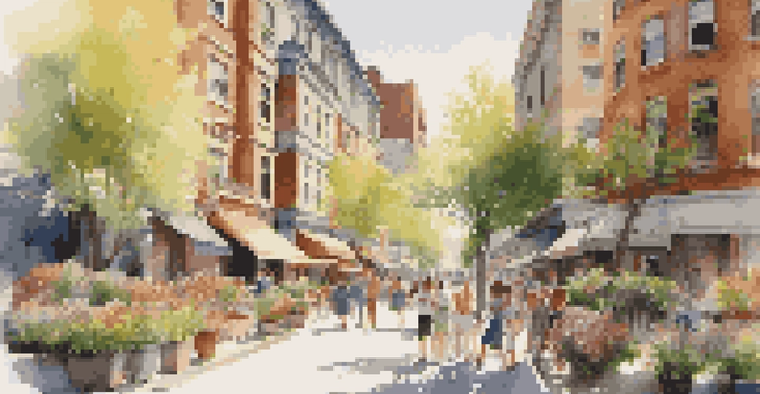 A lively urban street scene in spring with various residential buildings, people enjoying the weather, and blooming flowers.