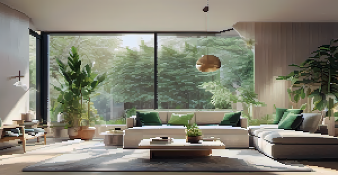 A modern living room with an adjustable sofa, large window, and green plants, creating a cozy and inviting atmosphere.