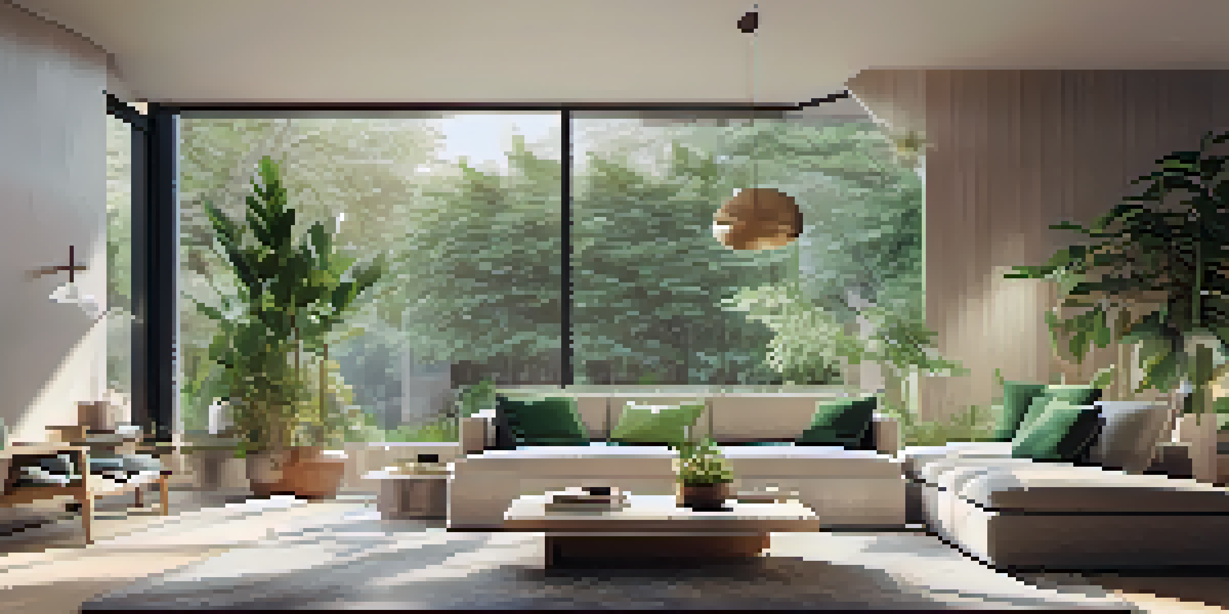 A modern living room with an adjustable sofa, large window, and green plants, creating a cozy and inviting atmosphere.