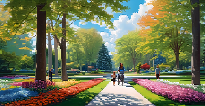 A peaceful park with a person in a wheelchair on a smooth pathway, surrounded by vibrant flowers and trees, children playing in the background under a sunny sky.