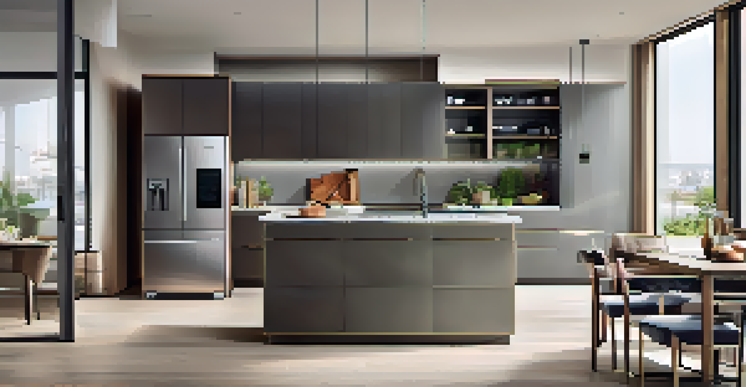 A technologically advanced kitchen featuring smart appliances, matte cabinetry, and adjustable smart lighting, blending style with functionality.