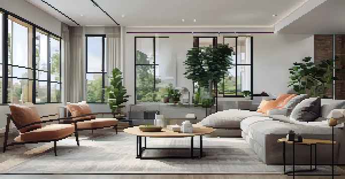 A bright and inviting modern living room with large windows, a plush sofa, and a virtual tour interface.