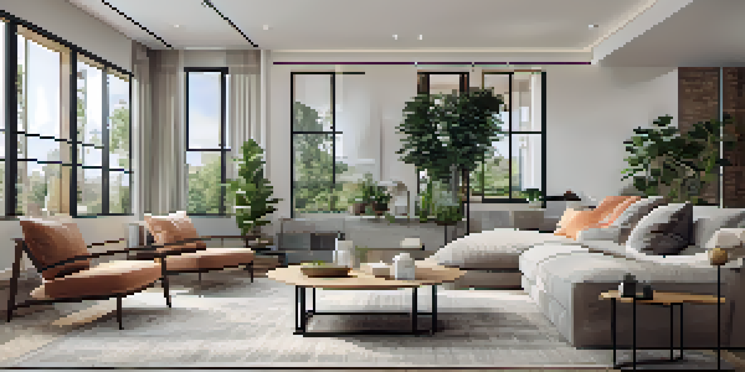 A bright and inviting modern living room with large windows, a plush sofa, and a virtual tour interface.