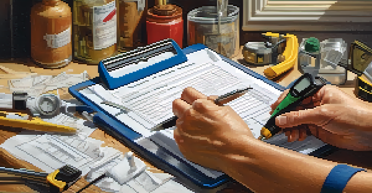 Close-up of a home inspector's hands holding a clipboard and tools in a partially renovated kitchen.