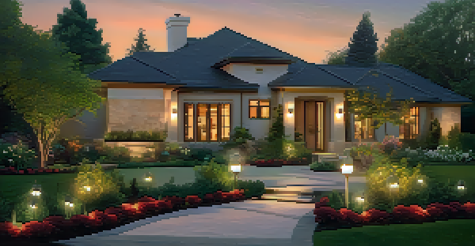 An outdoor garden illuminated by smart lighting at dusk, showcasing a modern home and a glowing pathway.