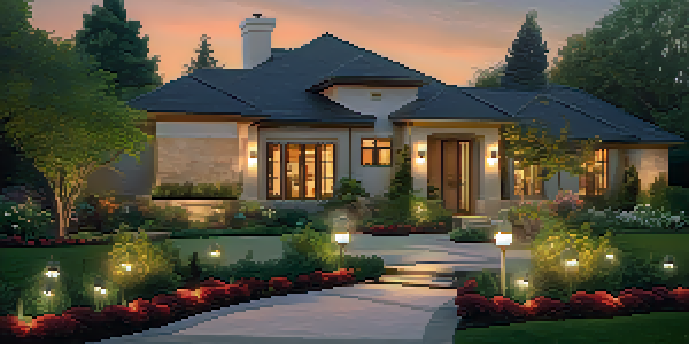 An outdoor garden illuminated by smart lighting at dusk, showcasing a modern home and a glowing pathway.
