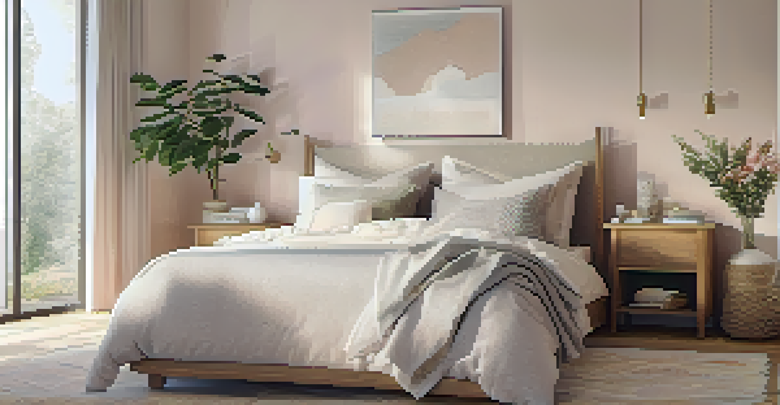 A serene bedroom with soft pastel linens, a textured throw, and fresh flowers on a bedside table, all illuminated by morning light.