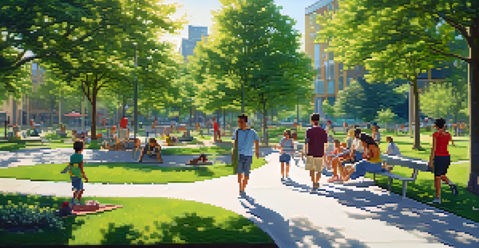 A colorful urban park with people enjoying picnics, children playing, and joggers, surrounded by modern buildings and greenery.