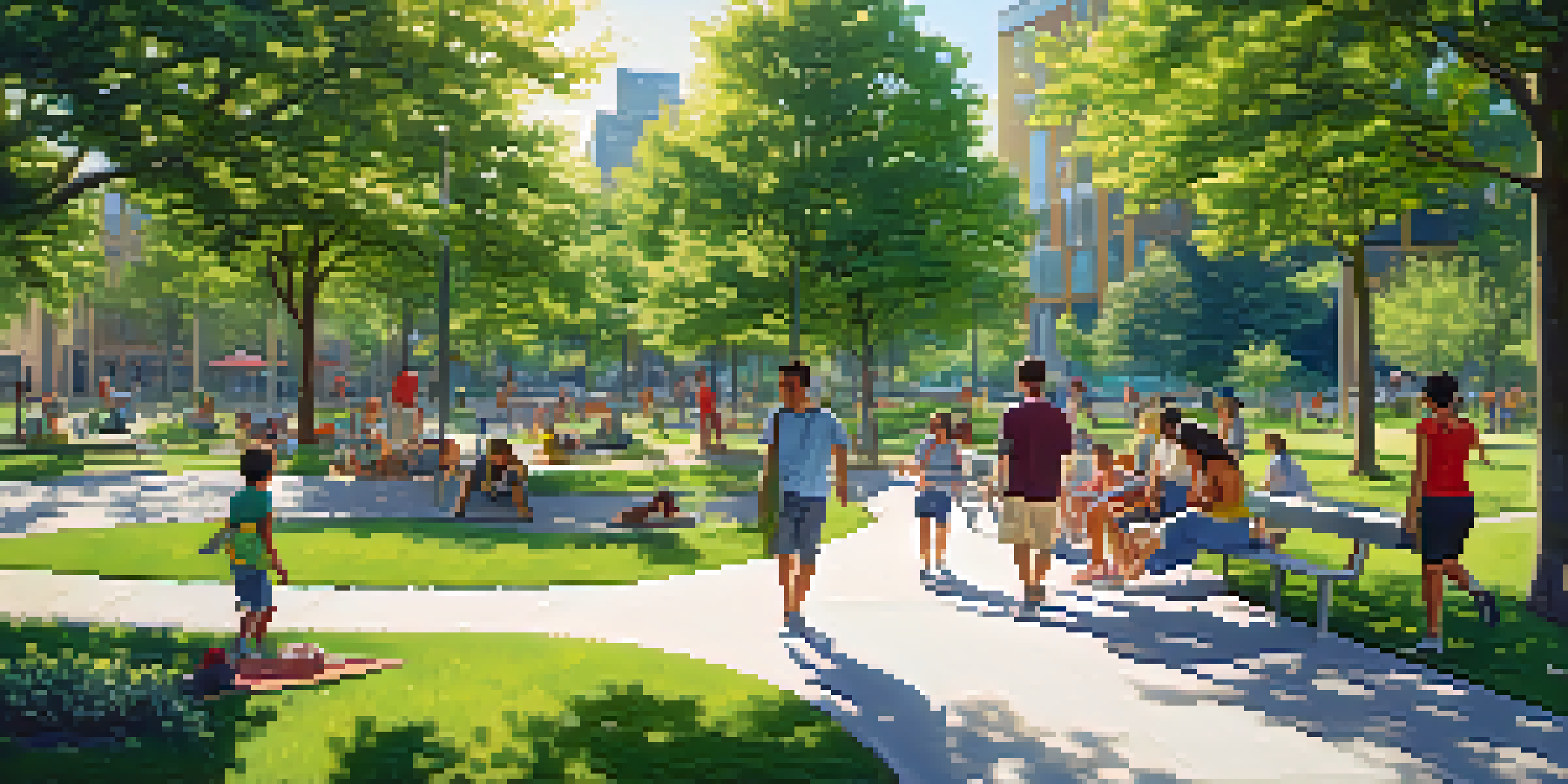 A colorful urban park with people enjoying picnics, children playing, and joggers, surrounded by modern buildings and greenery.