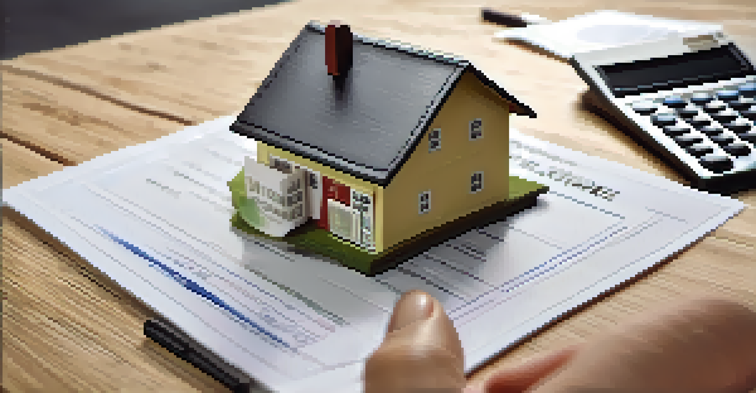 A hand holding a small house model, with a calculator and financial documents on a table.