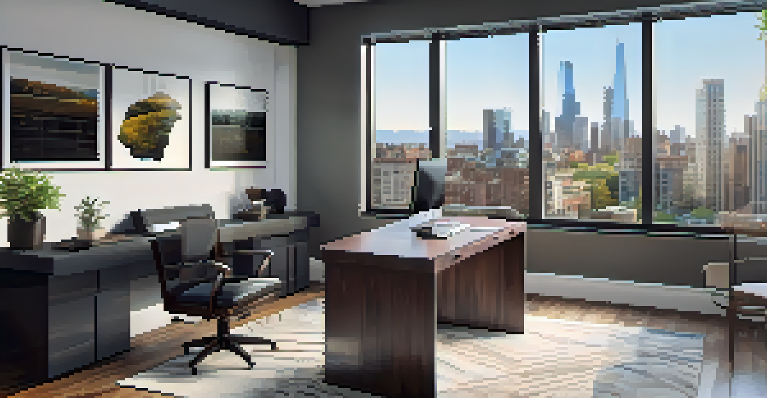 A stylish home office with a modern desk and computer, overlooking a city through a large window.