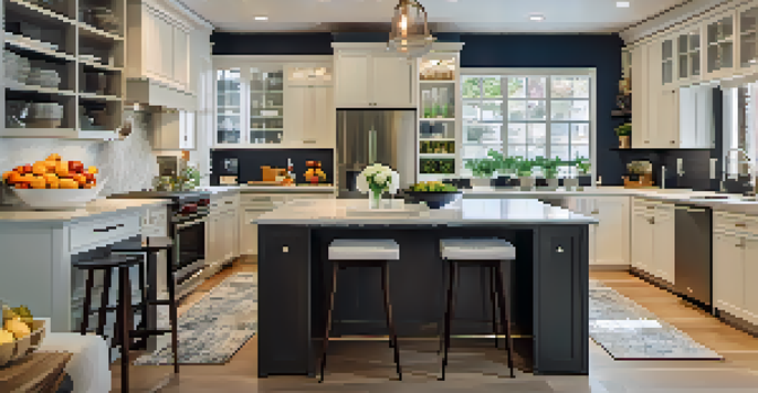 A modern kitchen with warm lighting, featuring a kitchen island with fruits and a vase of flowers.