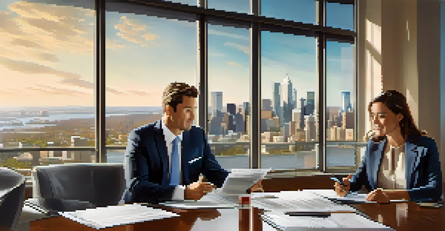 A real estate agent at a conference table with clients, discussing contracts, with a city skyline visible through a large window.