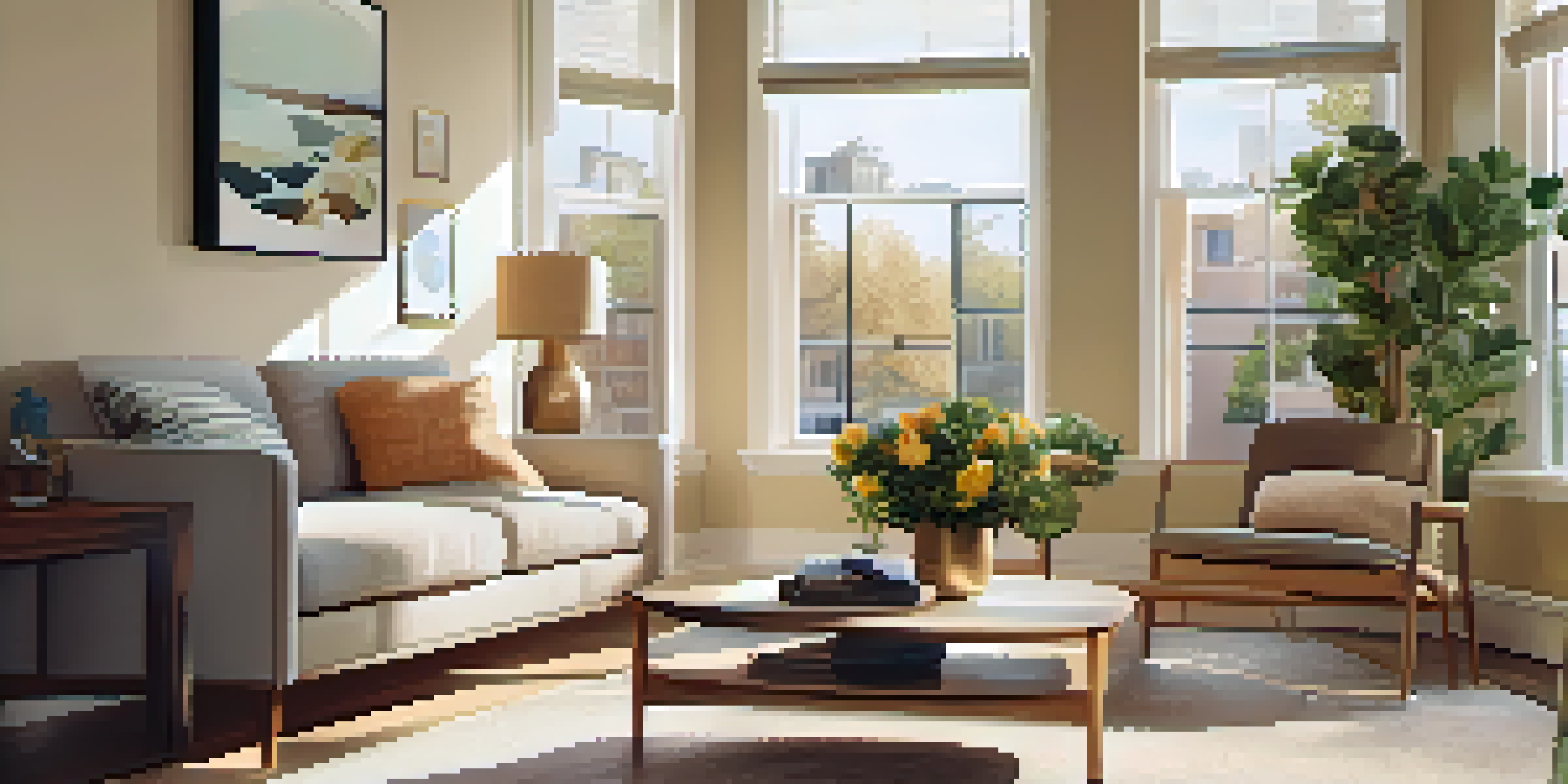 A bright and cozy living room with a sofa, coffee table, and large windows, illuminated by warm sunlight.