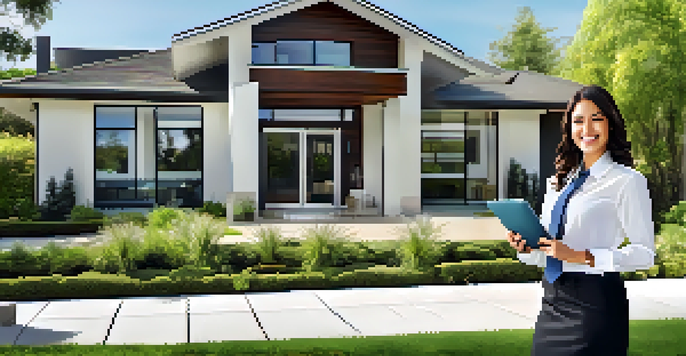 A real estate agent in professional attire, holding a tablet with market data, smiling in front of a modern home with greenery and a blue sky.