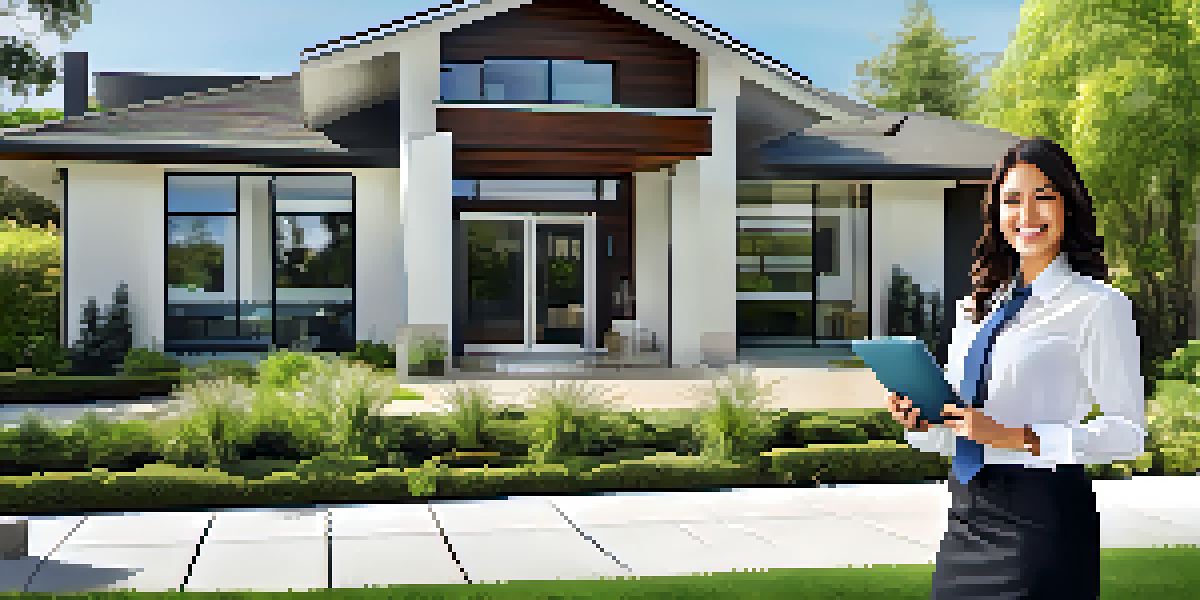 A real estate agent in professional attire, holding a tablet with market data, smiling in front of a modern home with greenery and a blue sky.