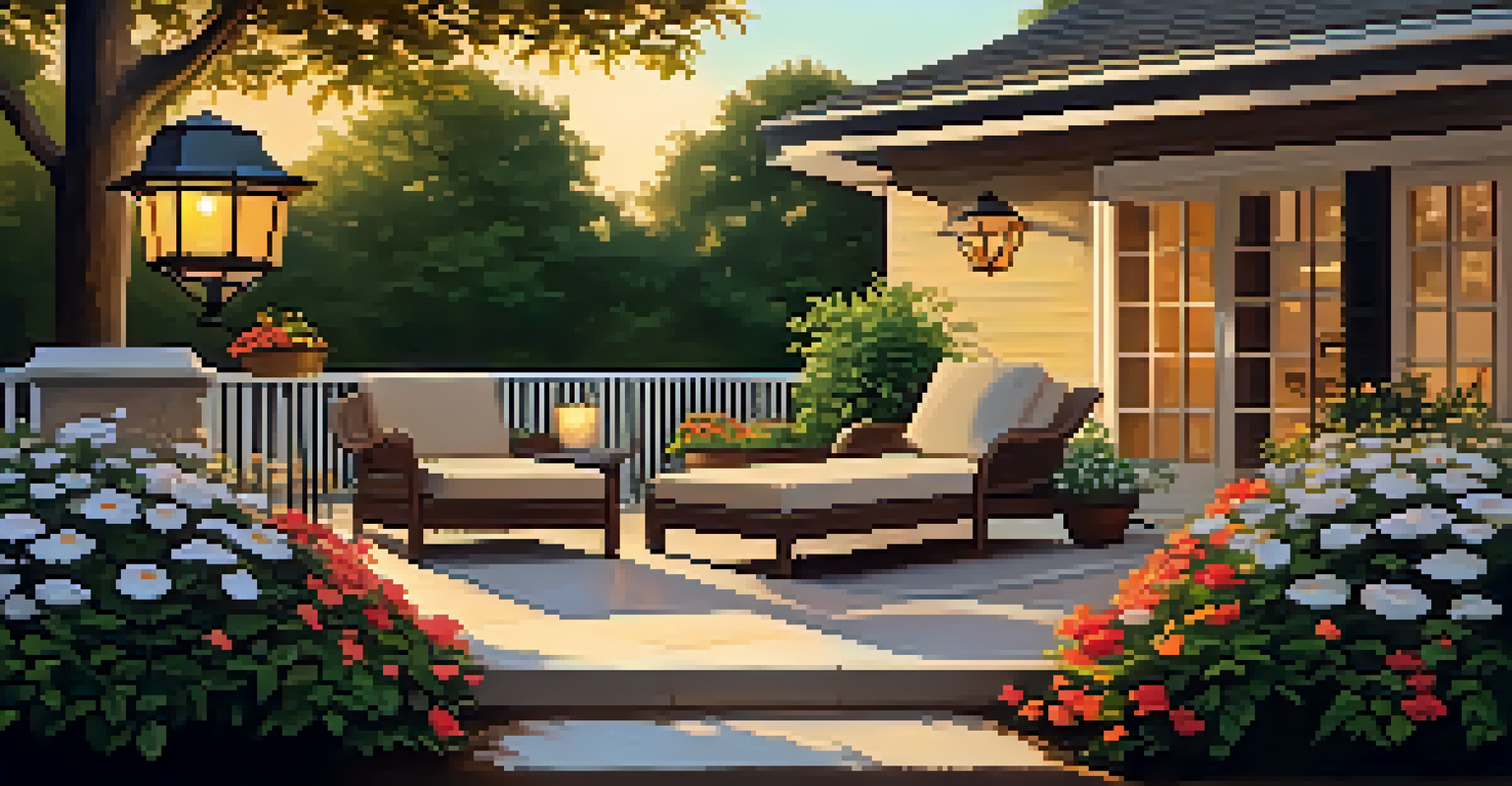A peaceful outdoor patio with lounge chairs, a small table, and vibrant flowers, illuminated by the setting sun.