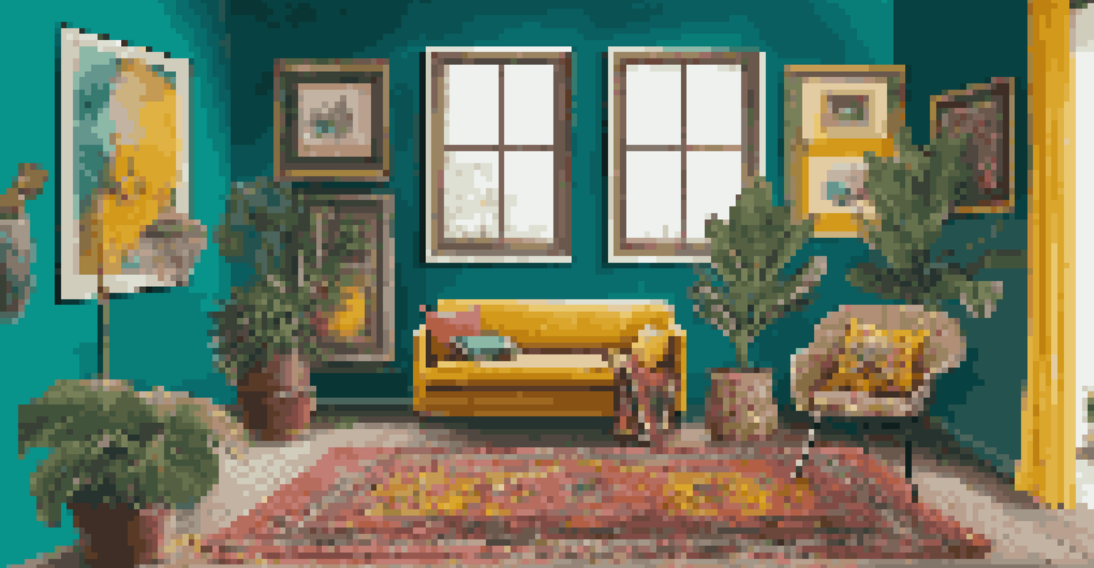 A vibrant interior corner with a teal wall, mustard cushions, and an eclectic mix of decor and art.