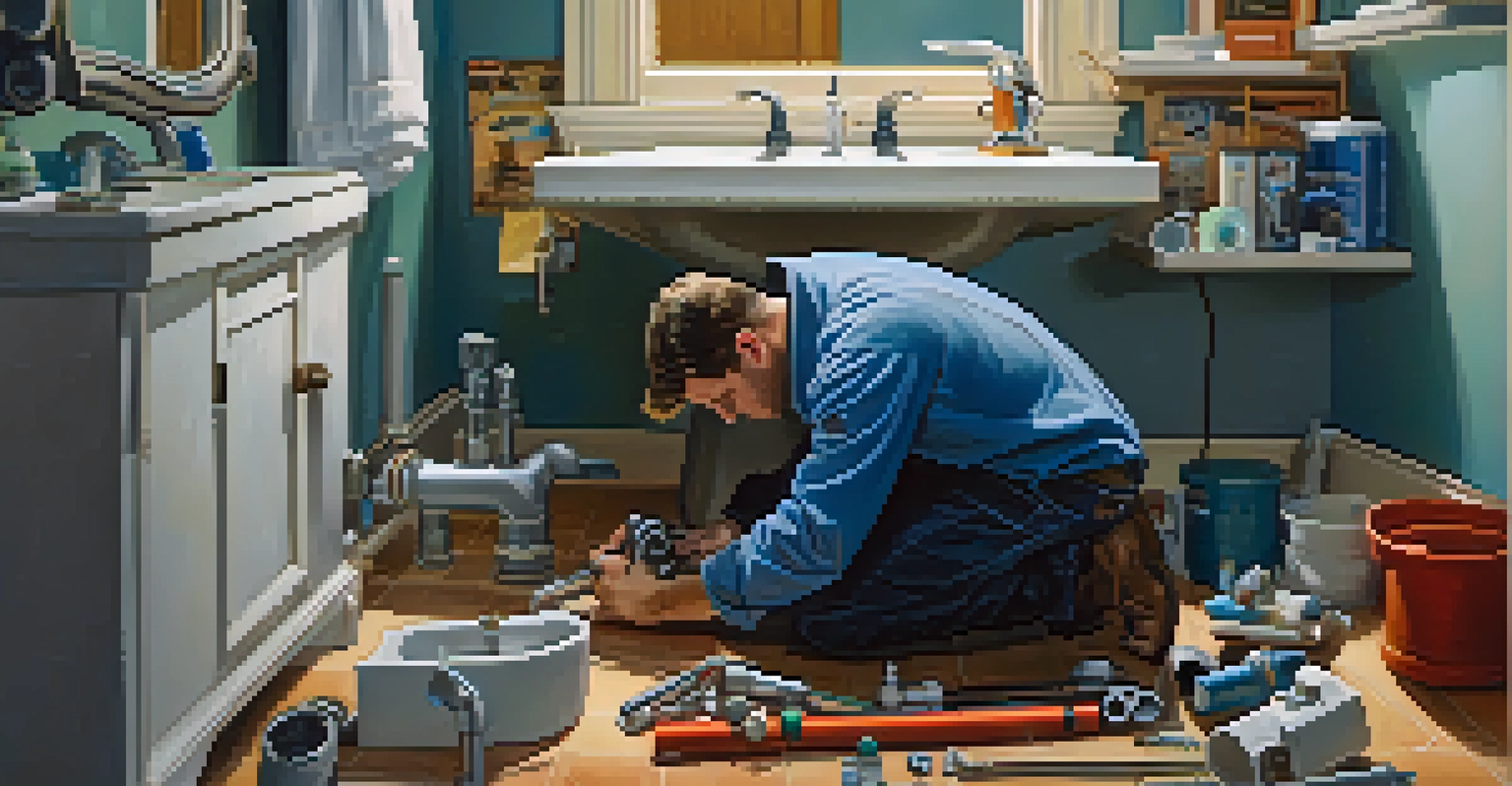 A homeowner inspecting plumbing pipes under a bathroom sink with a flashlight and tools nearby, showing signs of wear on the pipes.