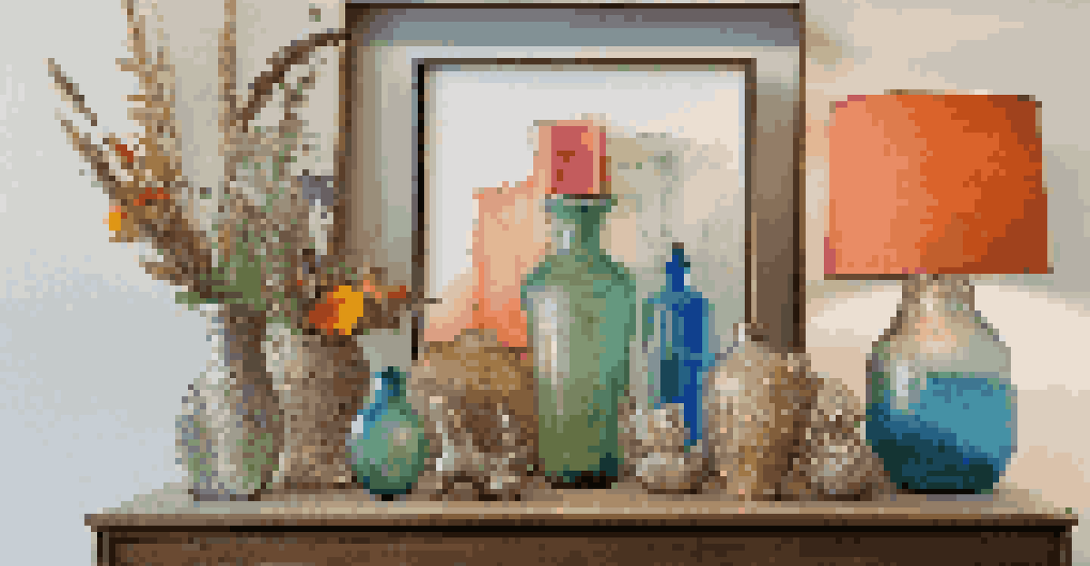An artistic arrangement of home decor items made from recycled materials, including a colorful vase and metal sculptures against a neutral wall.