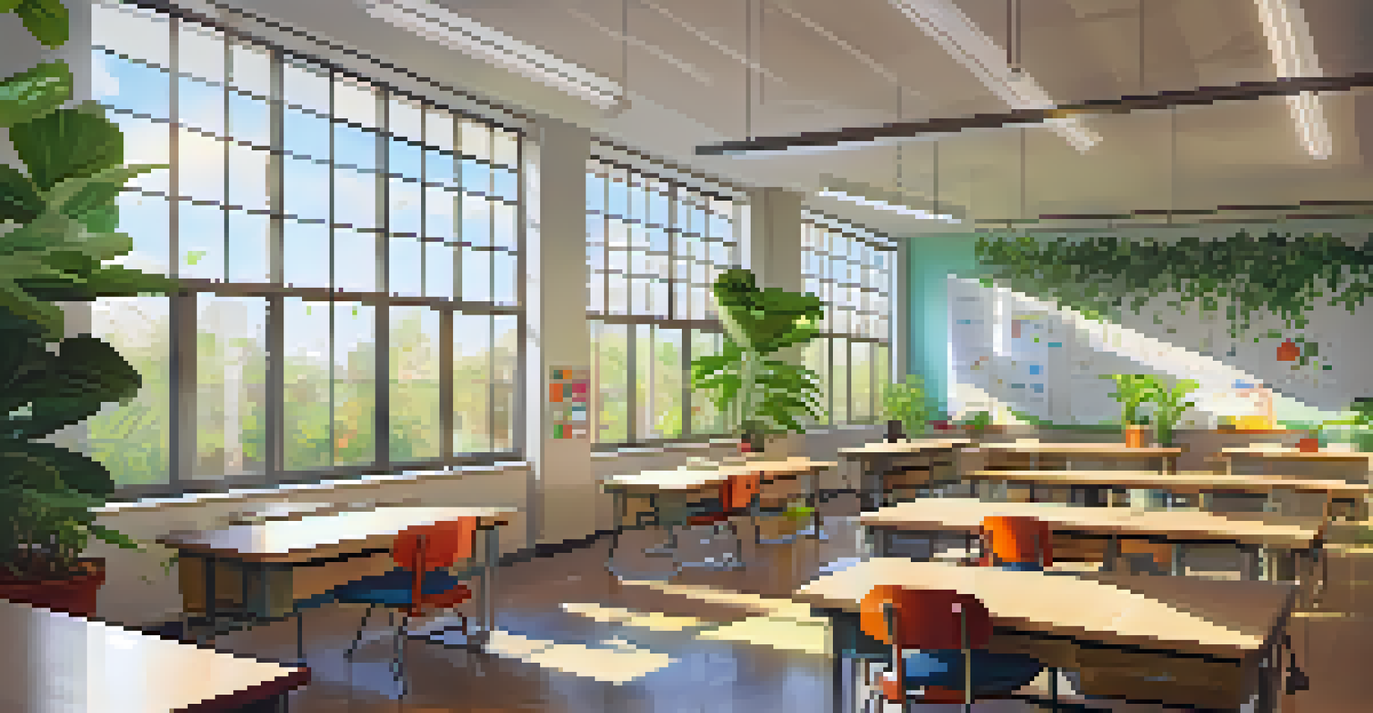 A bright classroom with collaborative desk arrangements, large windows, and indoor plants promoting a healthy learning environment.
