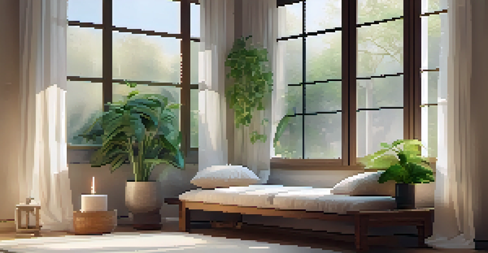 A peaceful Zen corner with a window, plants, a meditation cushion, and warm lighting.