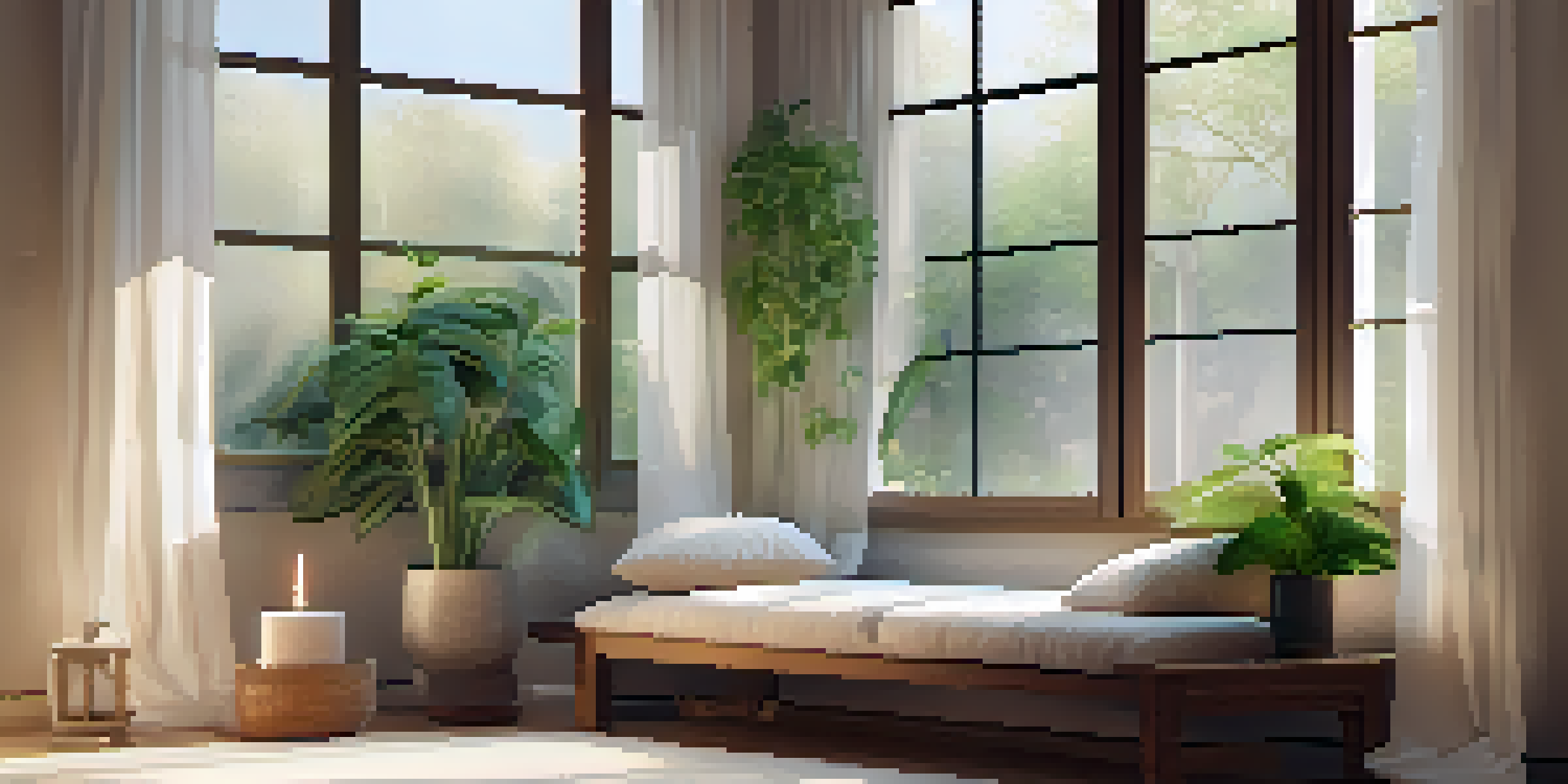 A peaceful Zen corner with a window, plants, a meditation cushion, and warm lighting.