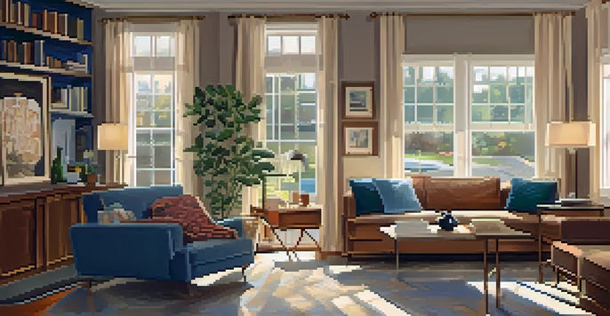 A family in a cozy living room discussing their rent-to-own plans with blueprints on the table.