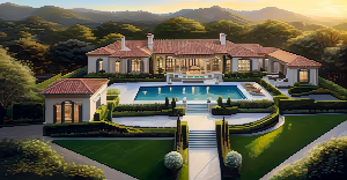 Aerial view of a luxury home surrounded by greenery and a swimming pool at sunset.