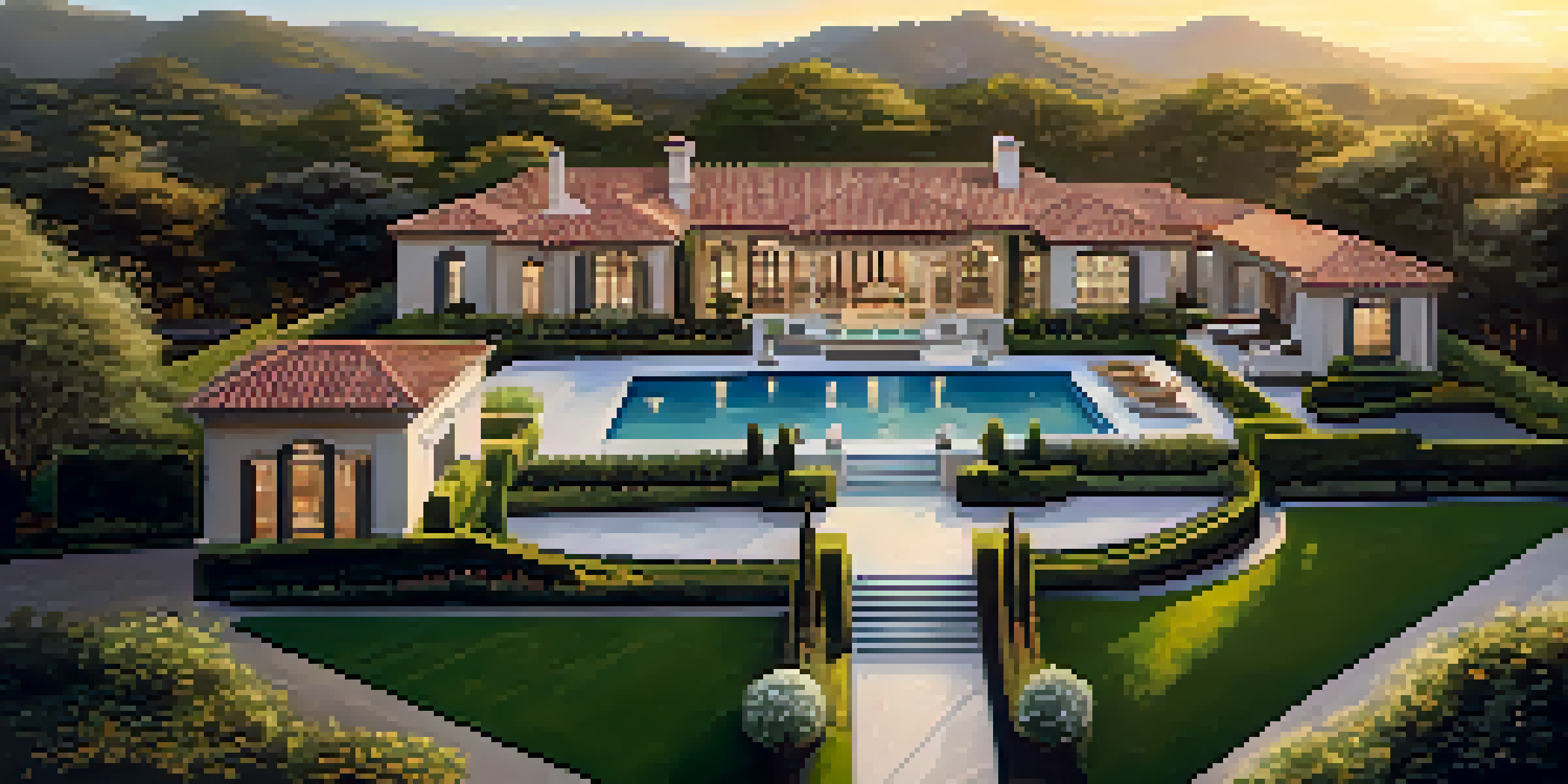 Aerial view of a luxury home surrounded by greenery and a swimming pool at sunset.