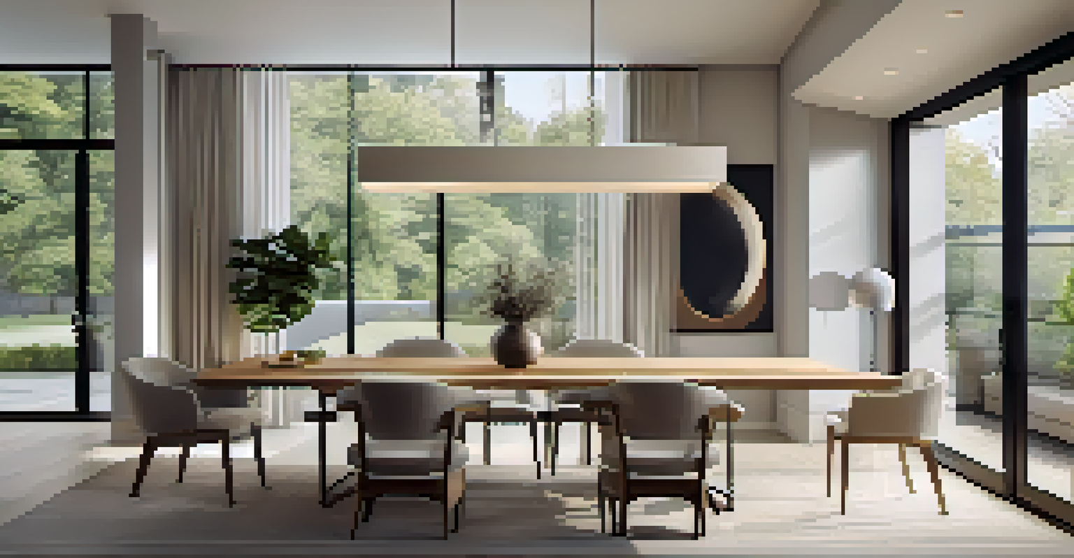 A modern dining area with a geometric pendant light, minimalist decor, and large windows allowing natural light.