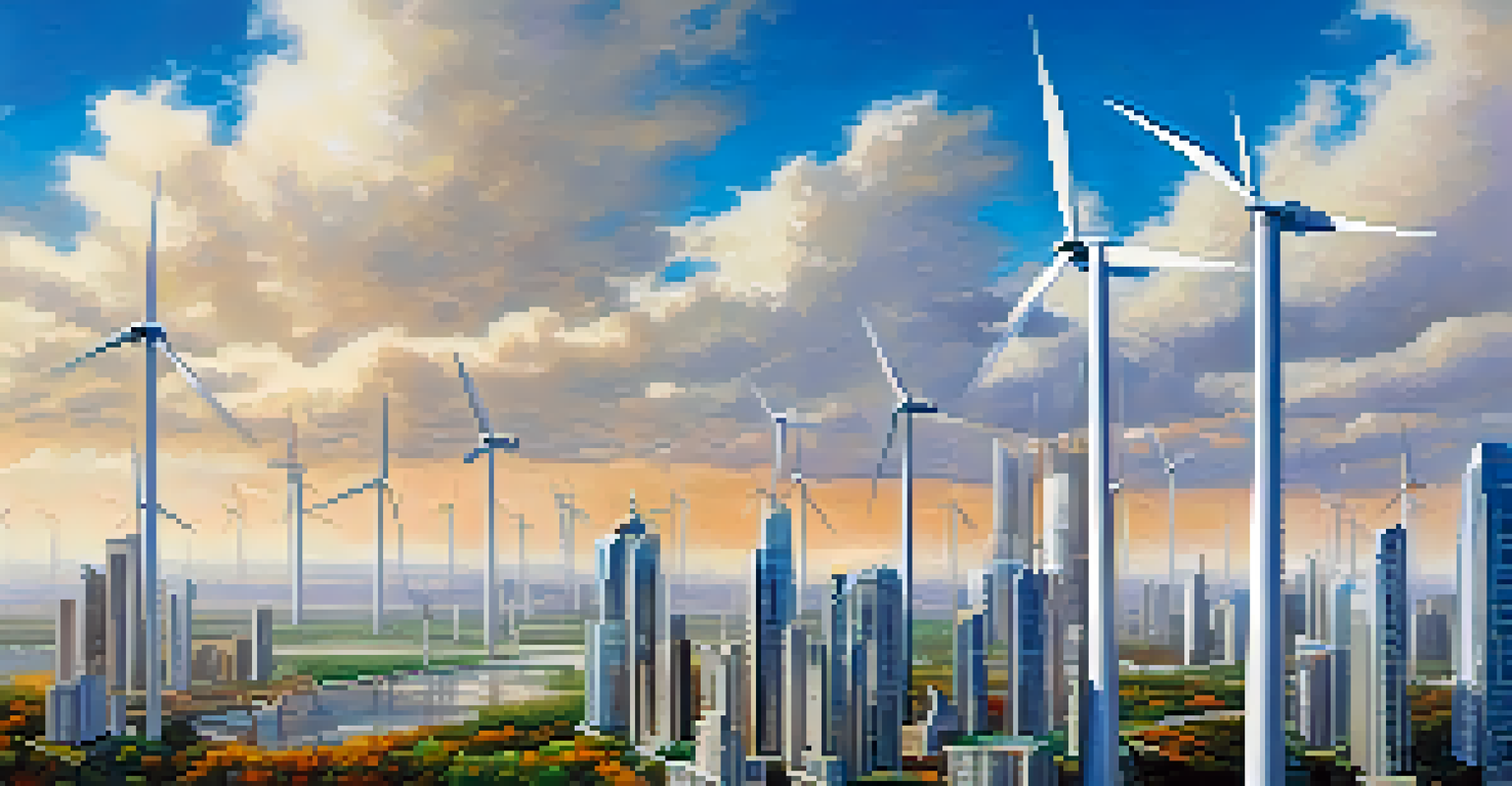 An urban landscape featuring tall buildings with stylish wind turbines on their roofs under a clear blue sky.