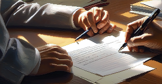 A hand signing a written contract on a wooden desk with a pen and calculator nearby.